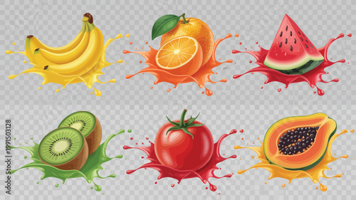 Fruit Juice Splash Illustrations - Set of 6 Photorealistic Banana Orange Watermelon Kiwi Tomato and Papaya Vectors on Transparent Background