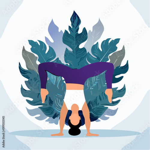 Woman performing yoga inversion pose with leafy background