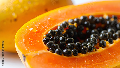 A close-up shot showcases a vibrant, halved papaya revealing its numerous black seeds, complemented by a partially visible whole papaya in the background.