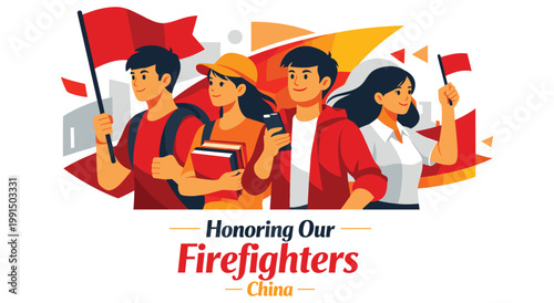 Group of active youth walking with red flags, books and mobile devices, colorful abstract geometric background, vibrant red and yellow theme, chinese youth appreciation, flat vector design.