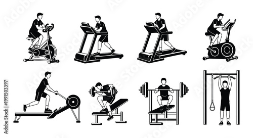 Diverse fitness activities illustrated with black silhouettes of gym equipment