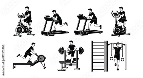 Diverse fitness activities illustrated with black silhouettes of gym equipment
