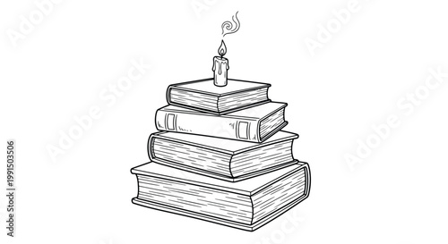 A stack of books with a candle on top