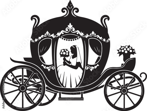 Wedding carriage, bride vehicle, black and white vector, elegant transportation, romantic illustration