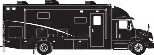 Motorhome, RV, recreational vehicle, travel trailer, vector illustration, black and white