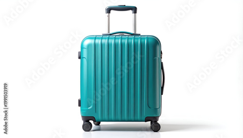 A teal-colored rolling suitcase stands prominently against a clean white background, showcasing its modern design and travel-ready functionality.