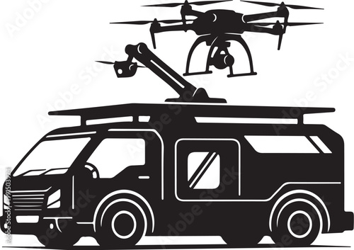 Drone, rescue truck, emergency response, vector icon, black silhouette