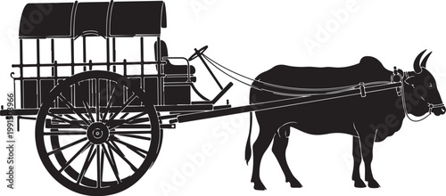 Black silhouette ox cart, vintage carriage, rural transportation, animal drawn vehicle