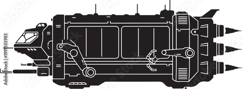 Futuristic spaceship, sci-fi vehicle, black and white illustration, futuristic spacecraft, vector graphic