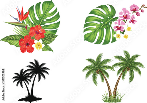 Tropical plants and palm trees collection with monstera leaves, hibiscus flowers and orchids vector illustration exotic jungle nature set