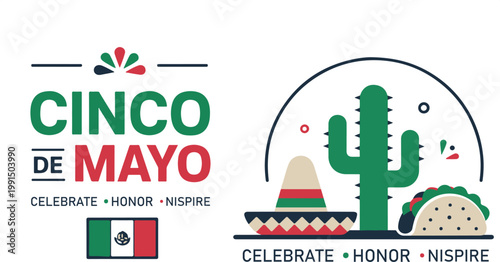Cinco de mayo celebration graphic with cactus, sombrero, taco, and mexican flag elements.
