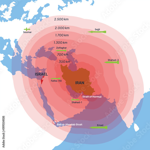 Background of Iran's long-range missile and drone range. Iran and Israel map