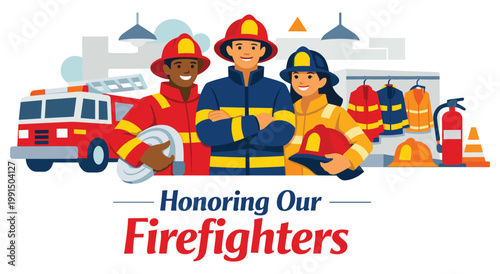 Diverse group of smiling firefighters in uniform, red fire engine with ladder, equipment rack with gear, extinguisher and safety cones, professional team portrait, flat design vector graphics.