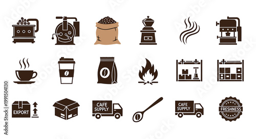 Coffee, cafe, and coffee shop icons, brown vector set of 20