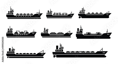 Collection of black silhouette ship and vessel icons in various styles
