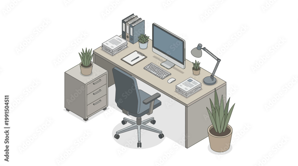 Naklejka premium Isometric Working Space Vector Illustration Modern Office Workspace Home Desk Setup Remote Work 3D Scene