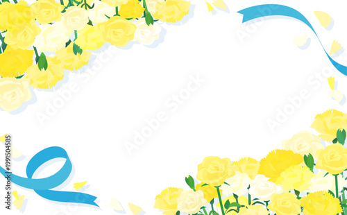 黄色のカーネーションと薔薇とリボン透過フレーム2_横
