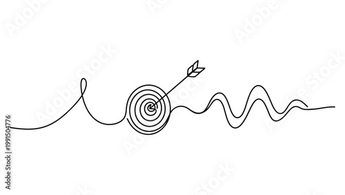 Continuous single line drawing of an arrow hitting the center of a target. Continuous line style. Hand drawn. Line art. Vector design. illustration