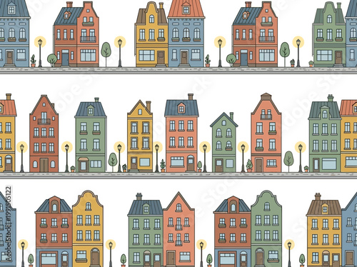 Colorful cityscape pattern with houses, trees, and streetlights for seamless background