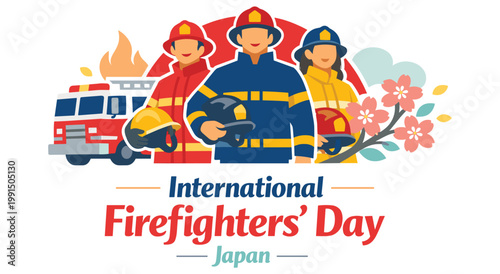 Illustrative artwork for International Firefighters Day in Japan. Features firefighters in uniform, fire truck, and cherry blossoms.  Celebration, appreciation, and safety theme.