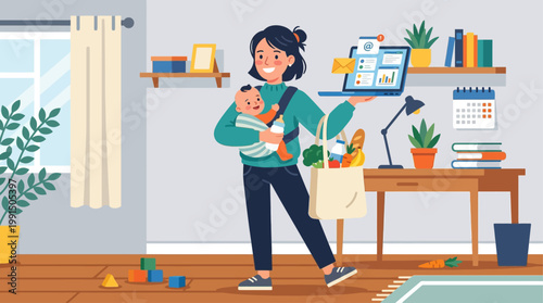 This dynamic flat design vector illustration humorously yet accurately depicts a multitasking mom expertly juggling work, childcare, and household duties with a smile. 