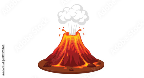Erupting volcano, vector illustration, orange and red lava, explosion, geology