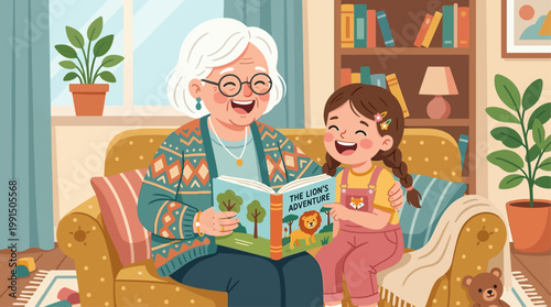This joyful flat design vector illustration captures a heartwarming moment between a grandmother and her grandchild, sharing a storybook and a laugh.