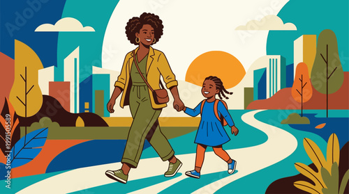 This empowering flat design vector illustration portrays a single mother and her child holding hands, symbolizing their strong bond, resilience, and unwavering love. 