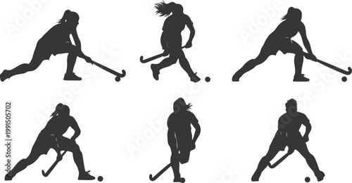 Silhouettes of field hockey players in various poses isolated on white background