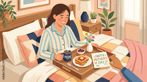This flat design vector illustration beautifully depicts a mother's blissful moment of enjoying breakfast in bed, a classic gesture of love and care on Mother's Day. 