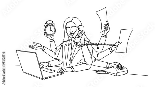 Business woman multitasking with many arms in office line art. Continuous line style. Hand drawn. Line art. Vector design. illustration
