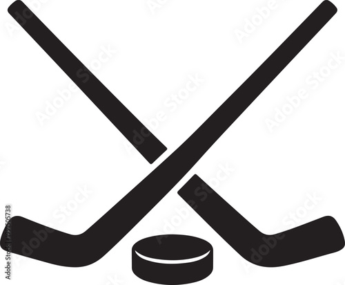 Black hockey sticks crossed over puck isolated on white background