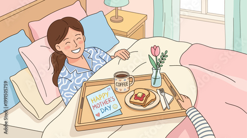 This flat design vector illustration beautifully depicts a mother's blissful moment of enjoying breakfast in bed, a classic gesture of love and care on Mother's Day. 