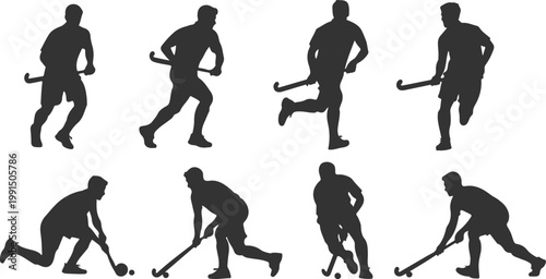 Set of field hockey player silhouettes in different poses
