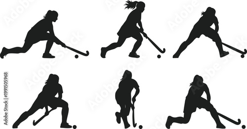 Set of field hockey players silhouettes