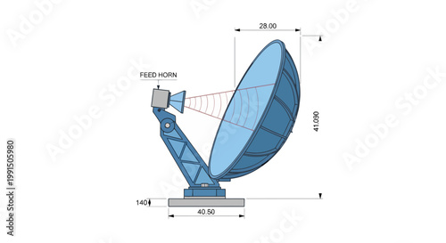Satellite dish antenna illustration with dimension indicators in blue tones radio communication parabolic reflector used in broadcasting