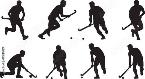 Set of field hockey player silhouettes in various action poses