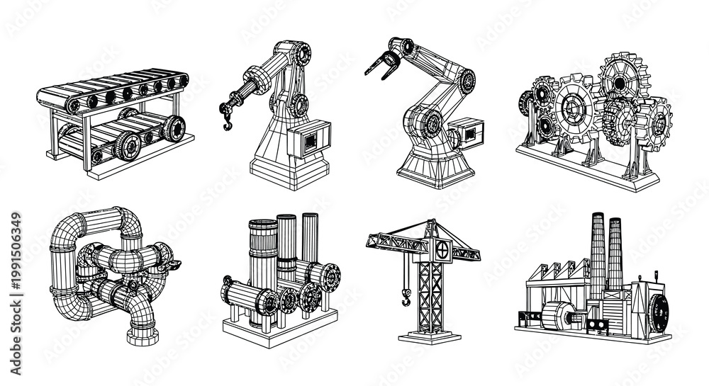 © Nayem - Industrial machinery and robotic arms illustrated in a technical blueprint style