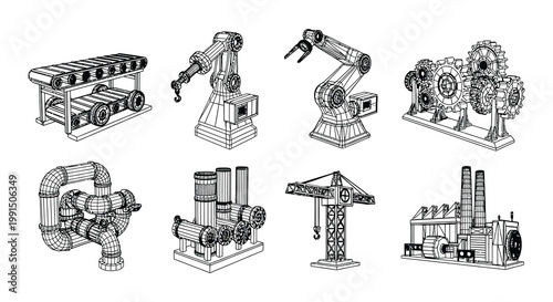 Industrial machinery and robotic arms illustrated in a technical blueprint style