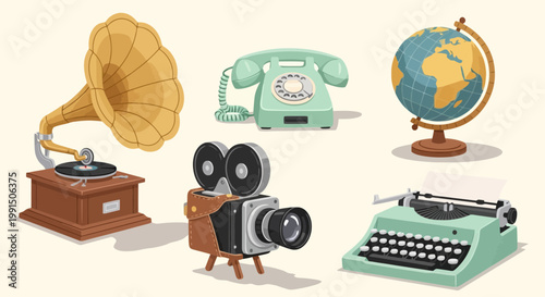 Vintage media devices illustration: gramophone rotary telephone world globe movie camera typewriter in cartoon style