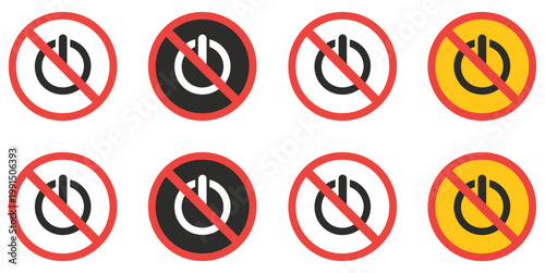 Power Button Prohibition Symbol, No Shutdown Icon With Red Slash Over Power Icon In Clean Flat Style, Restriction And Safety Warning Sign For Digital Devices, System Control