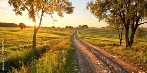 A rural dirt road stretches through green fields bathed in golden sunlight, framed by scattered trees under a clear sky at sunset.