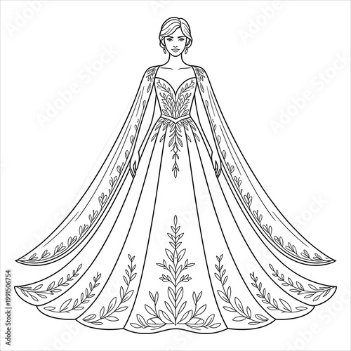 Line of a woman in a leaf-patterned wedding gown bride