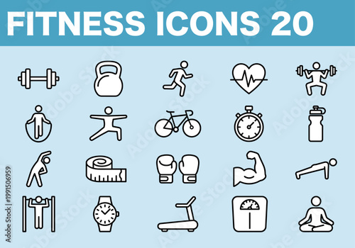 Bold Line Fitness and Gym Icon Set / Workout, Health, and Sport Vector Symbols