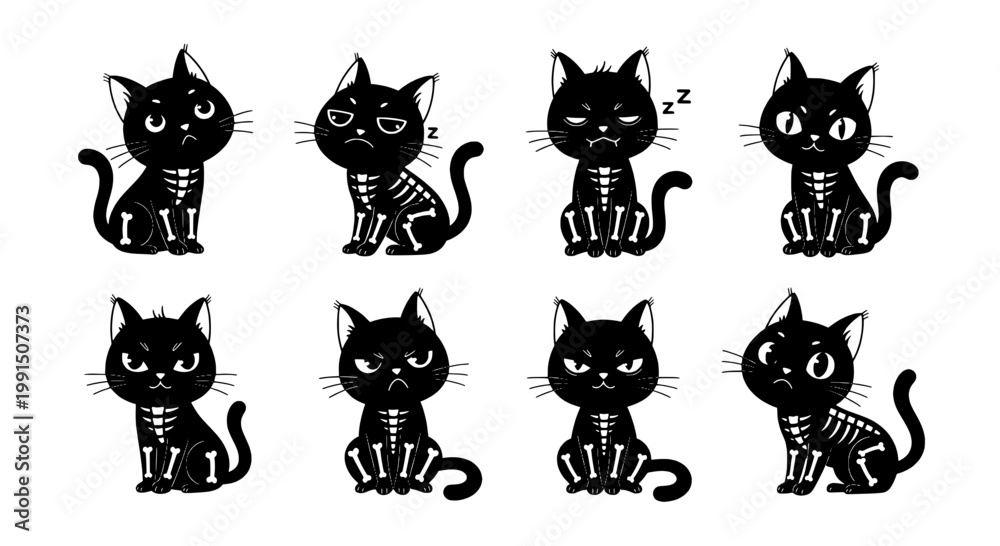 Obraz premium Cats cartoon doodle set with cute black kittens, whiskers, paws, and dreamy sleeping mood for stickers and kids design