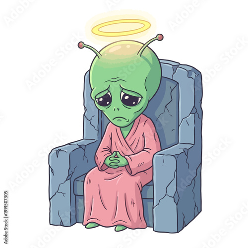 A cartoon alien sitting on a chair with a halo.