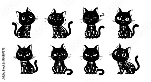 Cats cartoon doodle set with cute black kittens, whiskers, paws, and dreamy sleeping mood for stickers and kids design