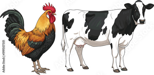 Farm animals set with rooster and dairy cow realistic vector illustration rural livestock poultry and cattle agriculture concept