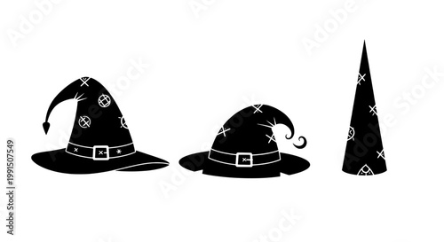 Hats witchcraft icon set with pointed black wizards hats, pentagram symbols, buckle belts, and spooky Halloween style