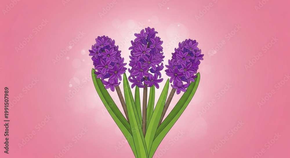 Fototapeta premium Three Purple Hyacinth Flowers in Full Bloom on Pink Background.